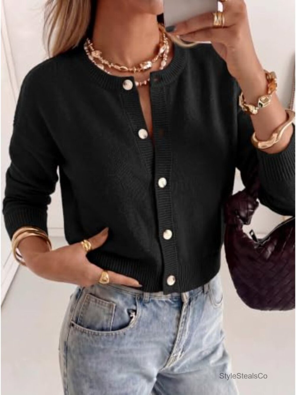 Women's Cropped Button Down Long Sleeve Cardigan Soft Acrylic Knit Fall - Picture 3 of 6